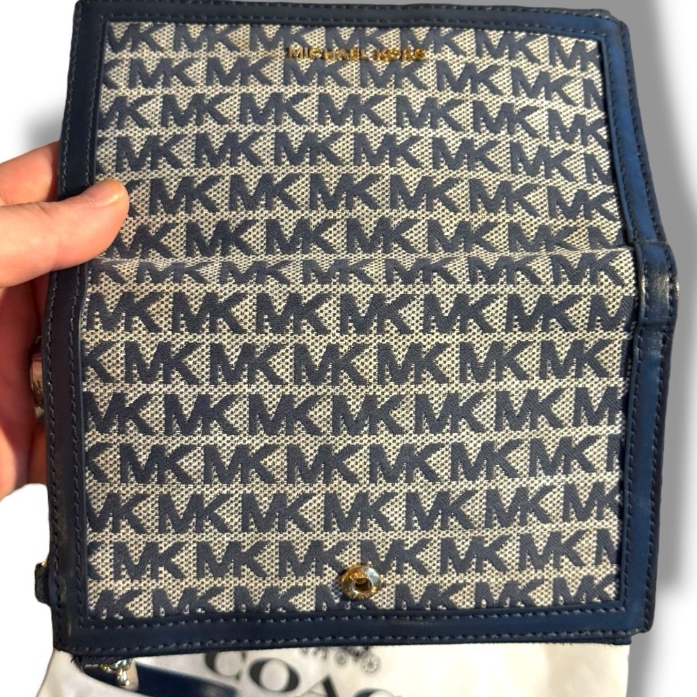 Michael Kors Jet Set Travel Double-Zip Wristlet Wallet Navy MK Mono Canvas - Picture 2 of 12